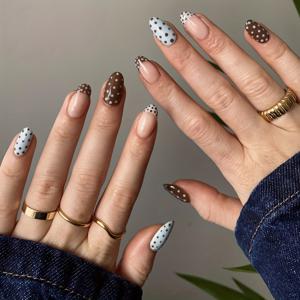 TEMU Y2K 스타일을 연출하는 인기 크림리드 해솔 블루 초콜릿 물방울 네일 30개입, 트렌디한 프렌치 프레스온 네일, 달콤하고 멋진 풀 커버리지 인조 손톱, 여성 및 데일리 사용에 적합