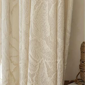 TEMU 1패널, 미국식 레트로 리빌프 잎 자수 플로킹 보일 커튼, 크림색 불투명 창문 스크린, 침실 및 거실용 베이 윈도우