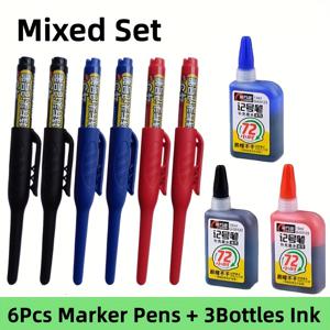 TEMU 전문가용 롱 45mm 팁 마킹 펜 세트, 블랙/블루/레드 딥홀 목공 타일 마커 - 건축 시크로잉 도구 (펜 6개 + 리필 병 3개)