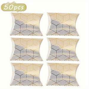 TEMU 그녀/그를 위한 선물 50개 골드 포일 필로우 박스 - 4가지 우아한 디자인 (블랙/화이트 기하학, 옐로우 쉐브론, 레이스, 플로럴) 고품질 종이 장식 선물 포장, 웨딩, 생일, 파티 & 기업 행사, 파티 선물 상자 | 스타일리시 선물 박스 | 정교한 패턴 박스, 크리스마스, 할로윈