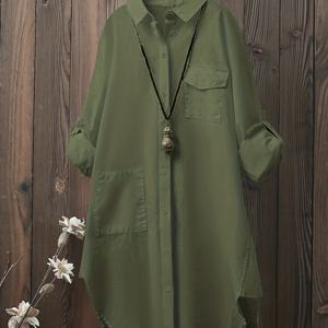 TEMU 여성용 플러스 사이즈 긴팔 셔츠, 캐주얼 폴리에스터 100% 단색 라펠 칼라, 포켓 디테일, 올 시즌 스트레치되지 않는 셔팅