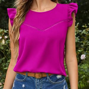 TEMU 여성용 우아한 여름 상의, 프릴 소매 및 키홀 디테일 - 생동감 있는 핑크색, 스트레치되지 않는 원단, 크루 넥, 짧은 소매, 캐주얼한 시크한 블라우스, 캐주얼한 의상에 적합