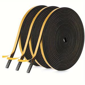 TEMU 3롤, 단열용 도어 프레임, 창문, 에어컨을 위한 고밀도 폼 날씨 차단 테이프 | 자착식 방풍 스트립 (검정, 0.6cm (폭) X 0.3cm (두께) X 5미터 길이, 3롤, 총 길이 15미터)