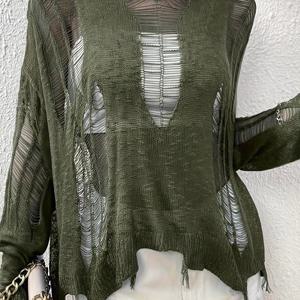 TEMU 플러스 사이즈 - 플러스 사이즈 - 인기 있는 엣지 플러스 사이즈 여성 솔리드 컬러 라운드넥 풀오버 스웨터, 캐주얼 찢어진 긴소매 탑