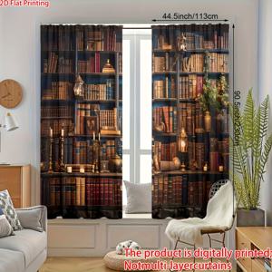 TEMU 2D 평면, 2패널, 2D 평면 프린팅, 폴리에스터 소재, 빈티지 책장 패턴 프린트, 빛 조절 커튼, 침실, 거실, 사무실 및 홈 데코레이션에 적합, 로드 포켓 디자인, 로드 삽입 가능, 2D 평면