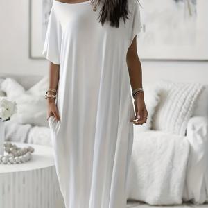 TEMU 여성용 패셔너블 라운드넥 루즈핏 롱 나이트가운 포켓 포함. 홈 드레스