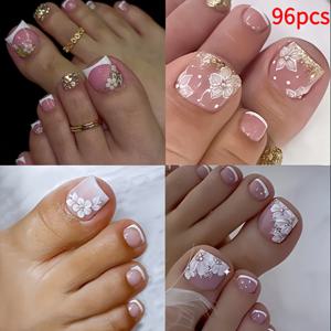 TEMU 96개 짧은 사각 토 프레스온 네일 세트 - 플로럴 디자인, 솔리드 핑크 그라데이션 프렌치 팁이 특징인 완벽한 인조 발톱, 여성용 접착제로 간편하게 부착, 오래 지속, 재사용 가능, 튼튼함