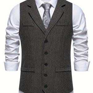 TEMU 남성용 헤링본 패턴 빈티지 라펠 및 싱글 브레스트 디자인 조끼