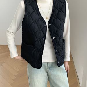 TEMU 여성용 경량 기모 안감 포켓 따뜻한 조끼, 캐주얼 외层용으로 적합, 짧은 단추형 민소매 탑|민소매