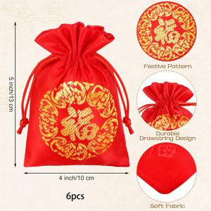 TEMU 6개 세트 행운의 끈달린 선물봉투, 중국 자수 브로케이드 가방, 보석, 사탕, 선물용, 설날에 적합