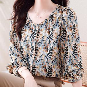 TEMU 여성용 우아한 플로럴 프린트 쉬폰 블라우스 - 퍼프 소매, H라인 실루엣, 가벼운 통기성 원단, 기계 세탁 가능 캐주얼~포멀 탑, 사계절 착용 가능한 데코 버튼 디테일, 편안한 레귤러 핏