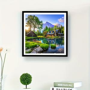 TEMU 5D 페인팅 키트 | 원형 드릴 아트 | 초보자용 캔버스 공예 | 호수뷰 코티지 십자수 | 홈 데코 가구 선물 - 다양한 크기 제공