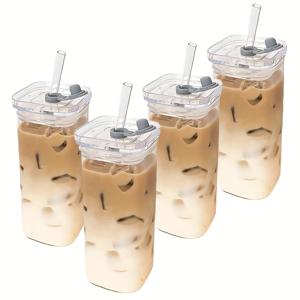 TEMU 뚜껑과 빨대가 있는 14Oz 고 붕규산 유리 컵 4개 세트, 사각 하이볼 물잔, 모히토 글라스, 휴대용 음료 컵, 주스, 칵테일, 라떼, 우유, 음료, 맥주, 뜨거운 음료 및 차가운 음료에 적합한 내구성