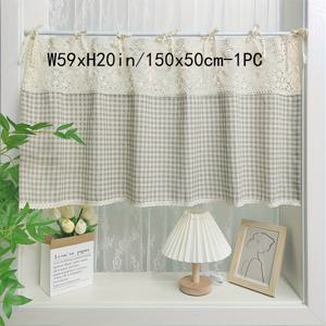 TEMU 1개 프렌치 레트로 그리드 크로셰 체크 레이스 주방 짧은 커튼 자수 스플라이싱 우아한 로맨틱 빛 조절 커튼 거실 침실 소프트 튤 창문 천공 막대 주머니 드레이프