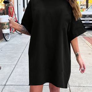 TEMU 플러스 사이즈, 플러스 사이즈 맥시 드레스 - 단색 라운드 넥 반팔 A라인 여름 드레스, 세탁기 사용 가능 봄/여름 웨딩 게스트 드레스, 캐주얼 & 세미 포멀 아웃핏, 따뜻한 날씨용 쉬운 관리 티셔츠 맥시 드레스 (드라이클리닝 금지)