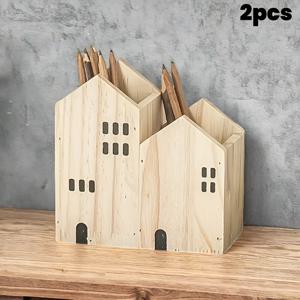 TEMU 1/2개 세트 목재 집 모양 보관함 데스크탑 메이크업 브러쉬 보관 상자 연필 홀더 컬러 목재 레트로 데스크탑 장식품 아트 용품, 페인트 브러시, 사무용품을 위한 집 모양의 데스크탑 수납 선반 버리우드/브라운/핑크