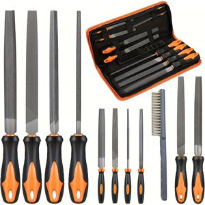 TEMU 고품질 T12 단조 합금강으로 제작된 헤비듀티 11피스 파일 도구 세트 (캐리어 케이스 포함). 정밀 평면/삼각형/반원형/원형 대형 파일, 대형 파일 4개, 중형 파일 2개, 소형 파일 4개, 브러시 1개 포함