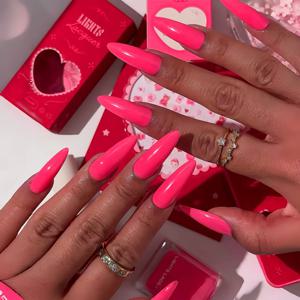 TEMU 24pcs 네온 핑크 아몬드 모양 프레스 온 네일, 사이버 Y2K 스타일, 중간 길이, 광택 있는 마무리, 내구성 있는 접착제, 손가락 장식에 완벽한 네일 아트 액세서리 | 생동감 있는 네일 디자인 | 광택 있는 마무리 네일, 네일 장식