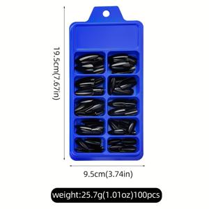 TEMU 빛나는 검정색 아몬드 모양 인조 손톱 100개 세트입니다. 단색과 엠보싱 디자인으로 특징이며, 간편한 매니큐어를 찾는 여성에게 완벽하며 축제 및 파티에 좋은 액세서리입니다. 중간 길이의 네일 팁입니다.