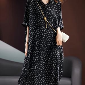 TEMU 플러스 사이즈, 여성용 블랙 시폰 드레스, 2025 여름 신상 플로럴 프린트 미디 드레스, 유럽 스타일 플러스 사이즈 여성 의류|쉬폰원피스|빅사이즈