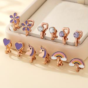 TEMU 꽃, 하트, 유니콘, 무지개가 있는 세련되고 도파민 오일 드롭 귀걸이 6개 세트. 봄, 여름에 완벽합니다.