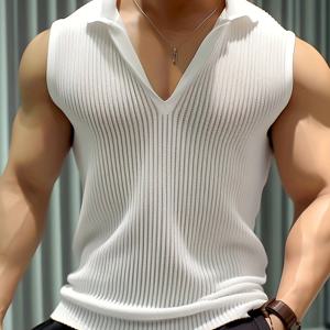 TEMU 발렌타인데이 선물, 남성용 섹시 캐주얼 루즈 니트 조끼 - 신축성 있는 텍스처, 통기성 여름 상의, 야외, 해변, 저녁 외출에 적합, 유니버설 디자인, 아웃도어 웨어, 클래식 칼라, 편안한 핏