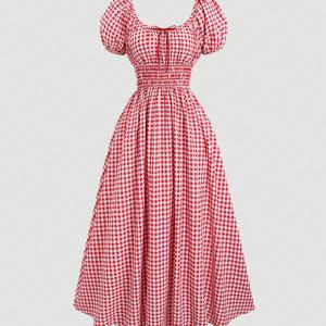 TEMU 여성용 스프링/여름/가을을 위한 귀여운 드레스, 퍼프 슬리브와 타이 웨스트가 있는 우아한 노란색과 흰색 깁슨 체크 드레스, 사각형 넥, 긴 플로우디 디자인