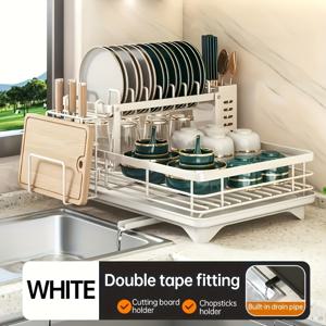 TEMU 2025년형 업그레이드된 2단 탄소강 식기 건조대 (물받이 포함) - 대용량, 녹 방지, 칼집 및 도마 받침대 포함, 4-6인 가족에게 적합 - 가정 또는 상업용 주방에 적합