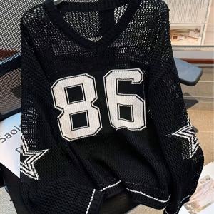 TEMU 여성용 Y2K 탑, V넥 긴팔 풀오버, 디지털 스타 패턴 쉬어 봄/가을 가디건, 캐주얼 레이지 스타일, 집에서나 외출에 적합