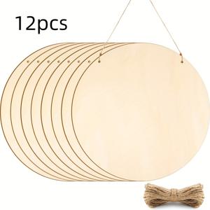 TEMU 6개/12개 세트 19.99cm 목재 아트 보드 - 매달기 구멍이 있는 미완성 원형 나무판, DIY 공예용, 화장 및 스케치, 데이 크래프트, 홈 데코 사인, 황마 로프 포함