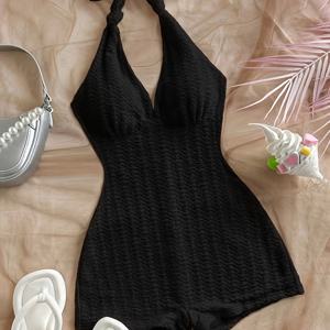 TEMU 여성용 우아한 블랙 홀터넥 원피스 수영복 - 조절 가능한 사이드 타이, V넥 반투명 디자인, 러칭 디테일 & 적당한 신축성, 세탁기 사용 가능, 비치웨어, 풀웨어, 커비 플러스 수영복, 세미트랜스퍼런트 소재, 편안한 착용감, 여름 패션