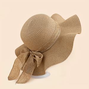 TEMU 여성용 넓은 챙 해변 모자, 물결 모양 장식, 간편한 단색 디자인