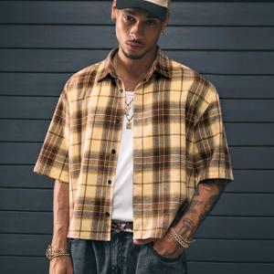 TEMU 남성용 대학 스타일 반팔 체크 셔츠 (봄, 여름, 가을용). 캠퍼스룩, 캐주얼 외출, 휴가, 데이트 및 일상복에 적합. 100% 소재, 세탁기 사용 가능 (드라이 클리닝 불가). WCY9283