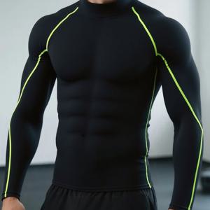 TEMU 남성용 속건성 탄성 피트니스 셔츠 - 하이넥 긴팔 스포츠 탑, 모든 계절에 적합, 타이트핏 복싱 의상, 흡습성 운동복, 짐 의류, 트레이닝 탑, 스포티 스타일, 신축성 있는 원단, 생생한 남성 의류