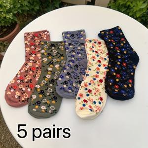 TEMU 가을 겨울용 프린트 중목 양말 5켤레 세트, 편안하고 통기성 좋은 실내외 겸용 따뜻한 양말