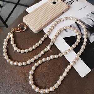 TEMU 인조 진주로 제작된 긴 휴대폰 스트랩. 분실 방지 기능이 있으며, 대각선 교체 체인, 스타일리시한 라인스톤 요소, 투명 카드가 특징입니다. 모든 휴대폰 케이스와 호환됩니다.