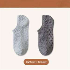 TEMU 2팩 플로어 양말 | 남녀공용 3발가락 플러시 안감 두꺼운 보트 슬리퍼, 가을 겨울용 따뜻한 잠옷 반바지, 실리콘 미끄럼 방지
