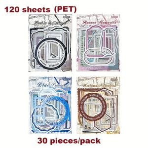 TEMU PET 다이컷 테두리 장식 스티커 120매 (팩당 30매), 플래너 장식 및 스크랩북 제작에 사용.
