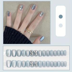 TEMU 30개 탈부착 프레스온 네일, 고급 블루 캣아이 풀 라인스톤 핸드메이드 탑코트 젤 네일