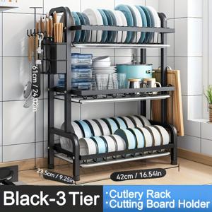 TEMU LS 헤비듀티 카본 멀티티어 주방 정리대 & 식기 건조대 (식기 보관함, 도마 선반, 분리형 물받이 포함) - 접시, 그릇, 칼, 양념 보관에 적합한 공간절약형 싱크대 정리대|식기건조대|사각싱크볼|식기건조기