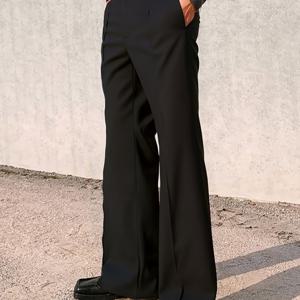 TEMU 남성용 미드-하이웨이스트 레그 슬라이트 플레어 드레스 팬츠, 봄/가을 캐주얼 정장 바지