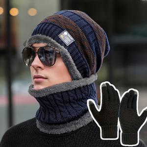 TEMU 남성용 야외 보온 세트 3종: 스트레치 니트 귀마개 & 장갑, 두꺼운 겨울용 목워머 모자 - 폴리에스터 섬유, 손세탁 가능한 가을 액세서리, 모던 비니 캡 포함, 이상적인 선물 선택|남자모자