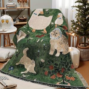 TEMU 고양이 패턴이 있는 그린 컨트리 스타일 소파 담요, 유화 영감 낮잠 담요, 소파 또는 침대용 보온 커버, 야외 여행 캠핑 피크닉 다기능 사무실 사계절 창의적인 선물 파티 장식|쇼파커버|쇼파침대