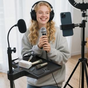 TEMU 튼튼한 A-프레임 디자인과 하단 선반을 갖춘 조절 가능한 헤비 듀티 마이크 스탠드 - 견고한 구조, 컴팩트하고 안정적인 베이스로 제작되어 스튜디오, 팟캐스트, 노래방, 라이브 스트리밍에 적합 - 마이크, 노트북과 호환 가능