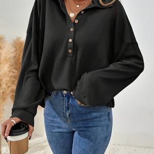 TEMU 여성용 드롭 숄더 V넥 하프 버튼 티셔츠 가을용