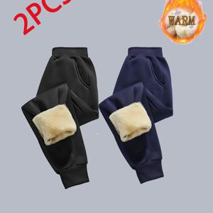 TEMU 남아용 기모 안감 두꺼운 바지 2팩, 남아용 따뜻한 바지, 편안한 원단 - 탄성 허리 밴드 디자인, 포켓 포함 - 가을 및 겨울 야외복으로 매우 적합, 외출 시 따뜻하게 유지하는 첫 번째 선택