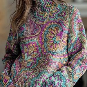 TEMU 프린트 디자인 - 텍스처 없는 가을/겨울 패션 신상 스타일리시 멀티핏 풀오버 하이넥 긴팔 여성 탑 플랫 디지털 프린트 트렌디 여성 스웨터