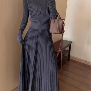 TEMU 우아한 한국 스타일 그레이 스웨터 & 롱 스커트 | 크루넥, 긴소매, 단색, 무지