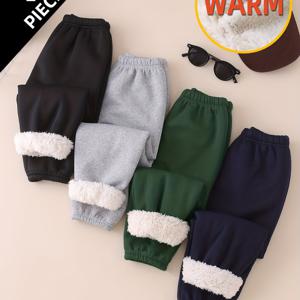 TEMU 4개입 ZDY 남아 & 여아용 방한 겨울 바지 - 방풍 보온 루즈핏 긴 바지, 밑단 커프, 탄력성 허리밴드 (벨트 없음), 단색, 야외 놀이, 스키용 - 어린이 4-12세 (/자매용) - 손세탁 가능, 야외 활동에 완벽