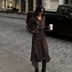 TEMU 여름/가을 신상 여성용 우아하고 트렌디한 슬림핏 투피스 세트 (긴팔 셔츠 + 플리츠 불규칙 롱 스커트)